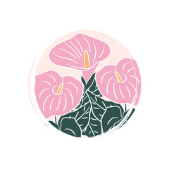 Cute logo or icon vector with pink calla flowers, illustration on circle with brush texture, for social media story and highlight