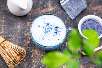 Blue matcha latte with milk