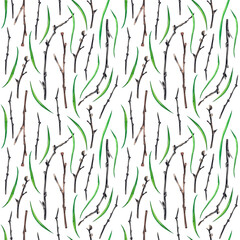 Seamless watercolor pattern, spring twigs and shoots hand-painted in watercolor on a white background. Perfect for textile design, printing, postcards, invitations.