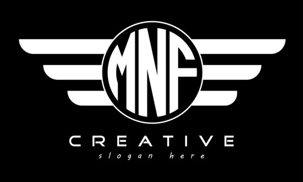 MNF three letter monogram type circle letter logo with wings vector template.