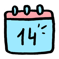 February 14 calendar. isolated. Design elements for stickers, postcards, banners. Black stroke. Pink and blue color. tall modern style. Doodle. Vector illustration.