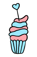 Cupcake with a heart. Cream confectionery. isolated. Design elements for stickers, postcards, banners. Pink  and blue color, black lining. Simple modern style. Doodle. Vector illustration.