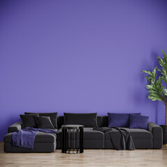 Interior room design in very peri color. Empry accent background is purple and an large black sofa in the center of the family room. Mockup livingroom. 3d rendering