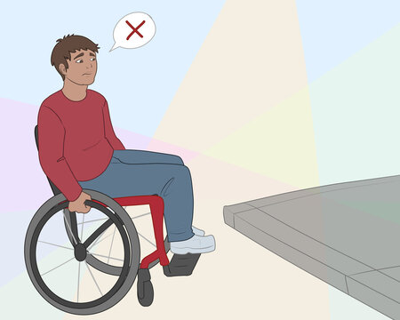 disabled person in wheelchair frustrated at no curb cut