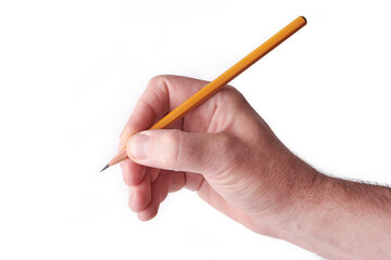 a sharpened pencil in a man's hand, photographed against a white background
