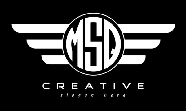 MSQ three letter monogram type circle letter logo with wings vector template.