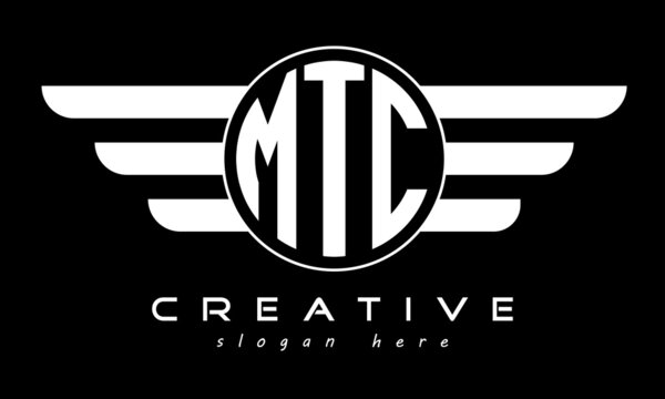 MTC three letter monogram type circle letter logo with wings vector template.