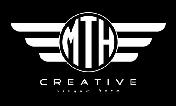 MTH three letter monogram type circle letter logo with wings vector template.