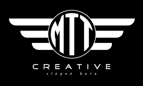 MTT three letter monogram type circle letter logo with wings vector template.