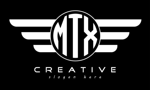 MTX three letter monogram type circle letter logo with wings vector template.