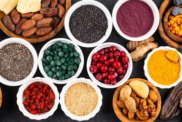 Various superfoods and healthy food supplement.