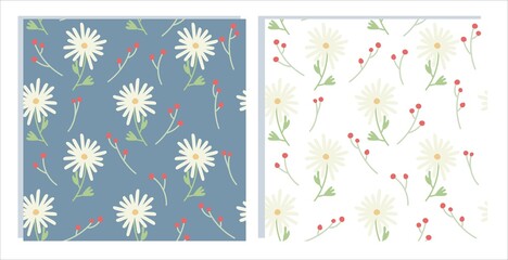 delicate floral pattern seamless endless set with flowers daisies and berries flat vector illustration that can be used for lining, inner packaging, wrapping paper