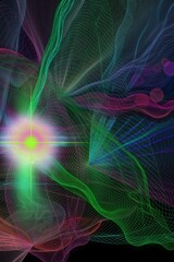 Abstract Light and noise flash of techno smoke and mirrors AI technology, for cosmic glowing swirls of neon brilliant colored speed of light 3 D rendering  big bang beautiful background design.