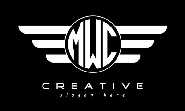 MWC three letter monogram type circle letter logo with wings vector template.