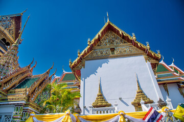 Bangkok, Thailand. Wat Phra Kaew, Temple of the Emerald Buddha with blue sky.