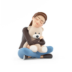 3d cartoon woman sitting on floor and hugging teddy bear