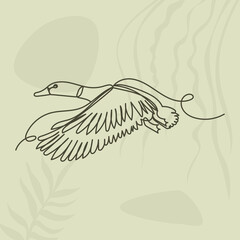 duck flies in one line, contour on an abstract background, vector