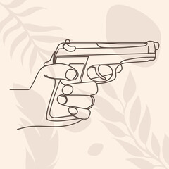 hand with a pistol in one line, outline