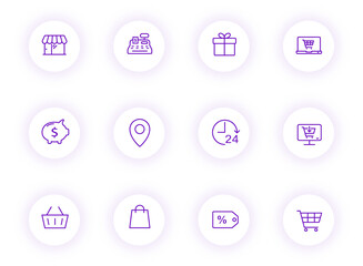 e commerce purple color outline vector icons on light round buttons with purple shadow. e commerce icon set for web, mobile apps, ui design and print