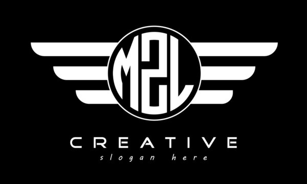 MZL three letter monogram type circle letter logo with wings vector template.