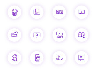 e learning purple color outline vector icons on light round buttons with purple shadow. e learning icon set for web, mobile apps, ui design and print