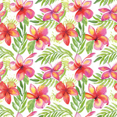 Tropic flower seamless pattern. Watercolor texture hawaiian pink red plumeria textile print. Frangipani blossom, palm leaves for fabric, wallpaper