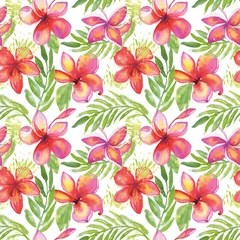 Tuinposter Tropic flower seamless pattern. Watercolor texture hawaiian pink red plumeria textile print. Frangipani blossom, palm leaves for fabric, wallpaper © Nataliia