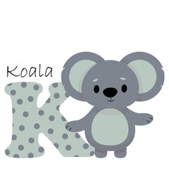 Illustration for the English alphabet with the image of a koala, for teaching young children with beautiful typography. ABC - letter k
