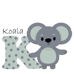 Fototapeta premium Illustration for the English alphabet with the image of a koala, for teaching young children with beautiful typography. ABC - letter k