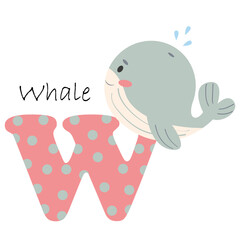 Illustration for the English alphabet with the image of a whale, for teaching young children with beautiful typography. ABC - letter w