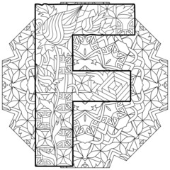 Letter F monogram on mandala, engraving design. Vector illustration for coloring.