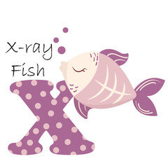 An illustration for the English alphabet featuring x-ray fish, for teaching young children with beautiful typography. ABC - letter X