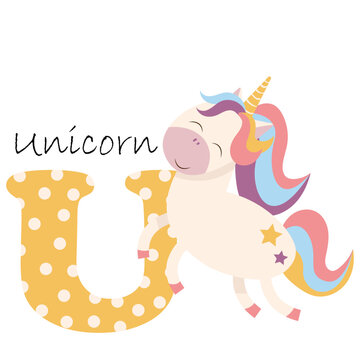 Illustration for the English alphabet with the image of a unicorn, for teaching young children with beautiful typography. ABC - letter u