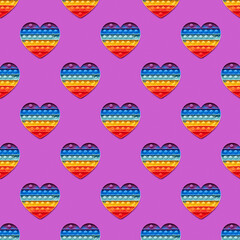 Fototapeta na wymiar Seamless pattern with Sensory Fidget Toy in the form of heart on purple background.
