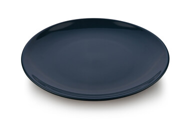 Dark blue ceramic plate on white background.