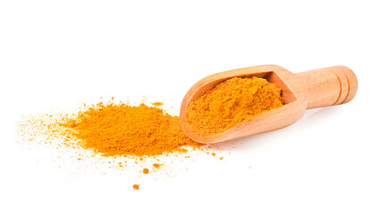 Heap of Turmeric (Curcuma) powder and wooden scoop on white background