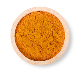 Turmeric (Curcuma) powder and wooden bowl isolated on white background. top view