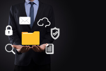 Document Management System DMS .Businessman hold folder and document icon.Software for archiving, searching and managing corporate files and information.Internet Technology Concept.Digital security