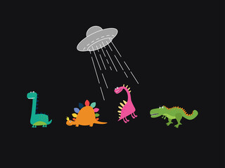 Cute doodle dinosaurs and UFOs. Flat vector illustration for t-shirt prints, posters and other uses.