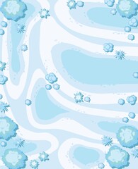 Winter landscape top view. Snowy frosty nature in cold season. From high. White and blue drifts of snow. Illustration in cartoon style flat design. Vector