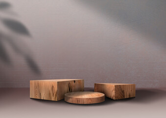 Wooden exhibition podium. Brown Cosmetic showcase. 3D Background. Branch shadow with Leaves. Stand with Wood texture. Tropical Leave. Cosmetic display product. Group pedestals. 3D rendering