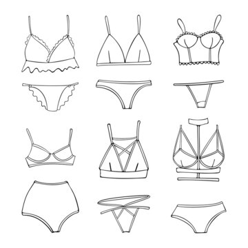 sets of women's underwear, bras and panties of various types. sexy and casual lingerie for every day. vector illustration isolated.