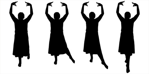 Female dance silhouette: arms are bent at the elbows and are at the top, above the head; one leg stands motionless, the other pulls the toe back, sideways, forward. Isolated on white background. 