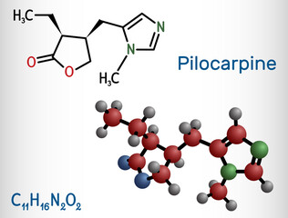 Pilocarpine molecule. It is natural alkaloid, used on the eye to treat elevated intraocular pressure, glaucoma. Structural chemical formula and molecule model