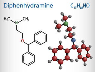 Diphenhydramine, molecule. It is H1 receptor antihistamine used in the treatment of seasonal allergies. Structural chemical formula and molecule model