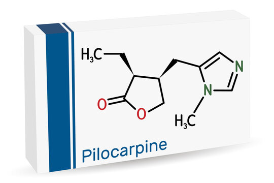 Pilocarpine molecule. It is natural alkaloid, used on the eye to treat elevated intraocular pressure, glaucoma. Skeletal chemical formula. Paper packaging for drugs