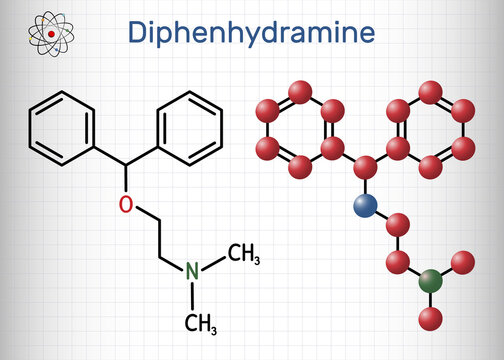 Diphenhydramine, molecule. It is H1 receptor antihistamine used in the treatment of seasonal allergies. Structural chemical formula and molecule model. Sheet of paper in a cage