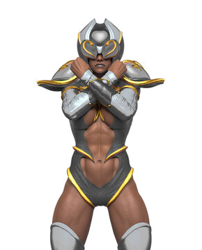 superheroine is doing a power love pose on white background