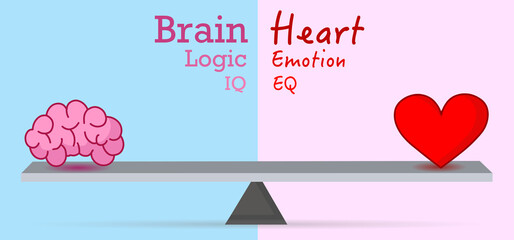 Heart brain on seesaw. Love versus logic or emotion. IQ vs EQ. 
Mind feeling intelligence leverage, lever. Head person. Mental romance thought balance. Blue red, pink background. Illustration vector - obrazy, fototapety, plakaty
