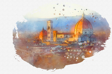 Watercolor drawing picture of Florence Cathedral Italy. - obrazy, fototapety, plakaty